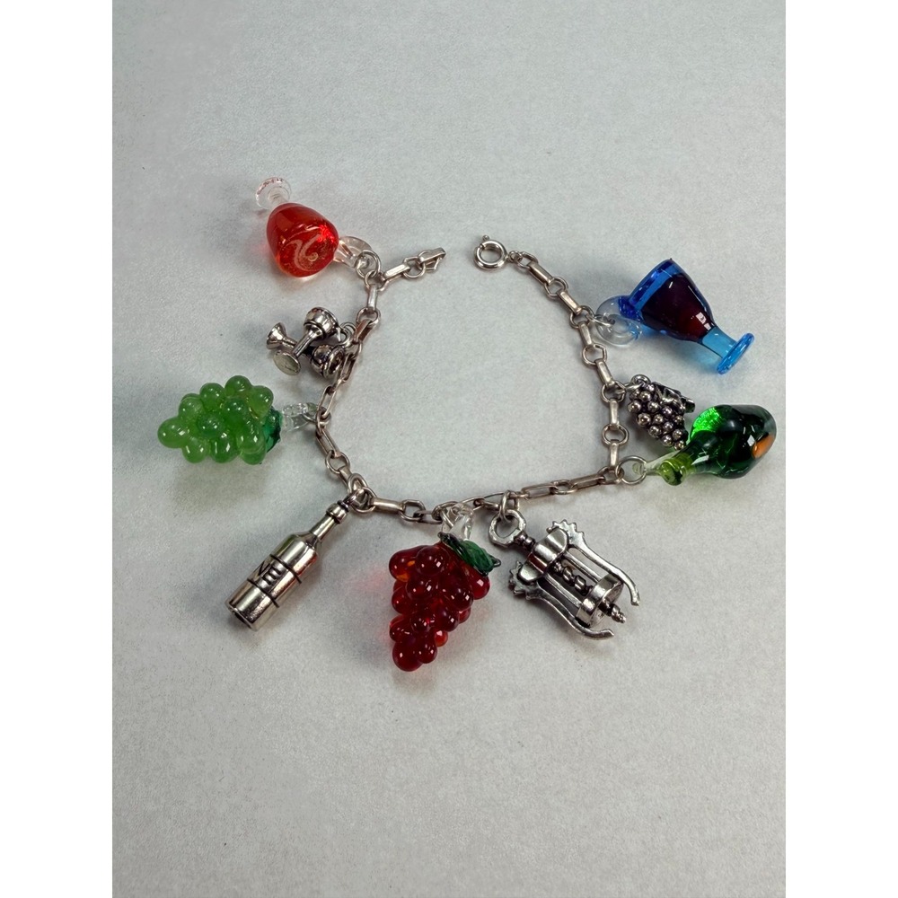 Vintage Wine Lover Charm Bracelet Glass Grapes Bottles Corkscrew Cocktail Silver